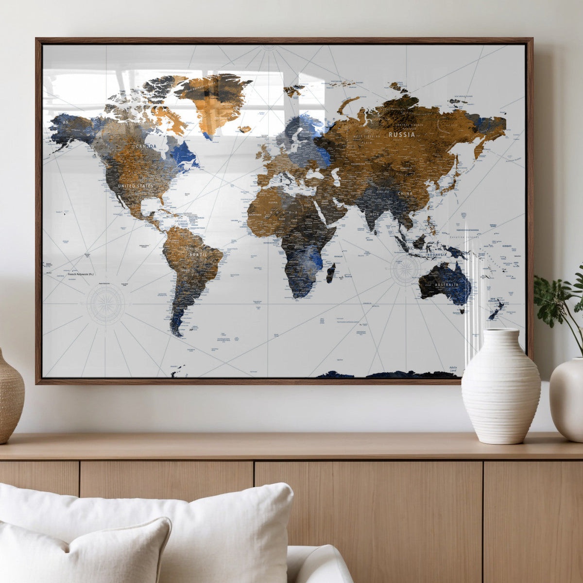 Colorful Watercolor World Map Canvas Wall Art – Framed