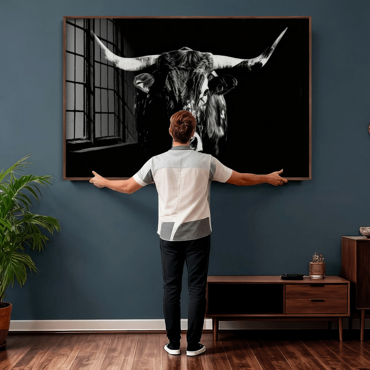 Black Bull Wall Art Canvas Print, Dark Longhorn Portrait