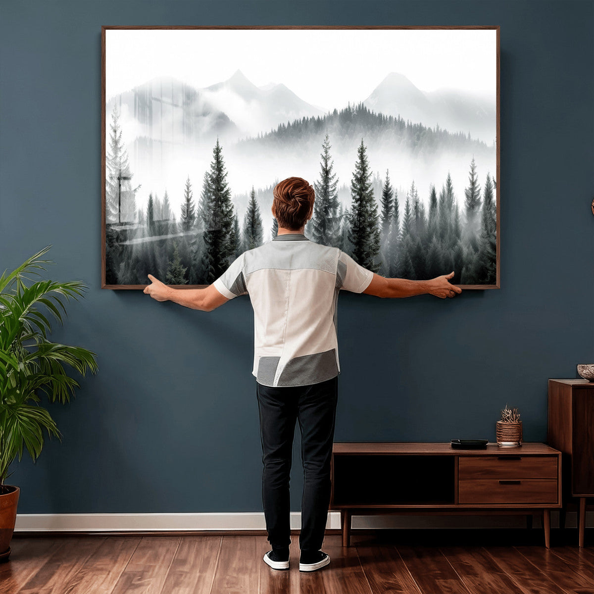 Misty Pine Forest Mountain Landscape Wall Art Canvas Print