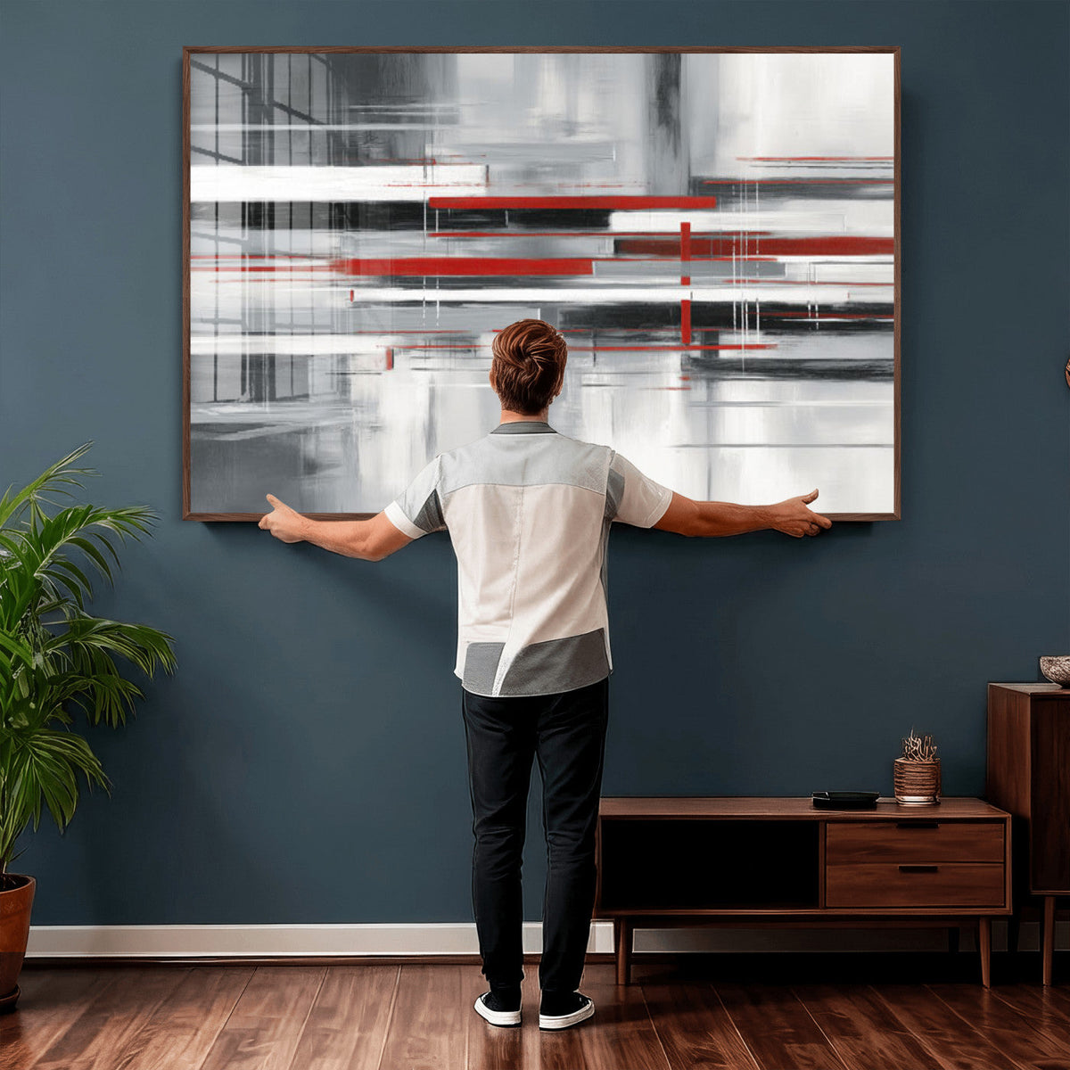 Gray Red Abstract Wall Art Canvas Print, Modern Abstract
