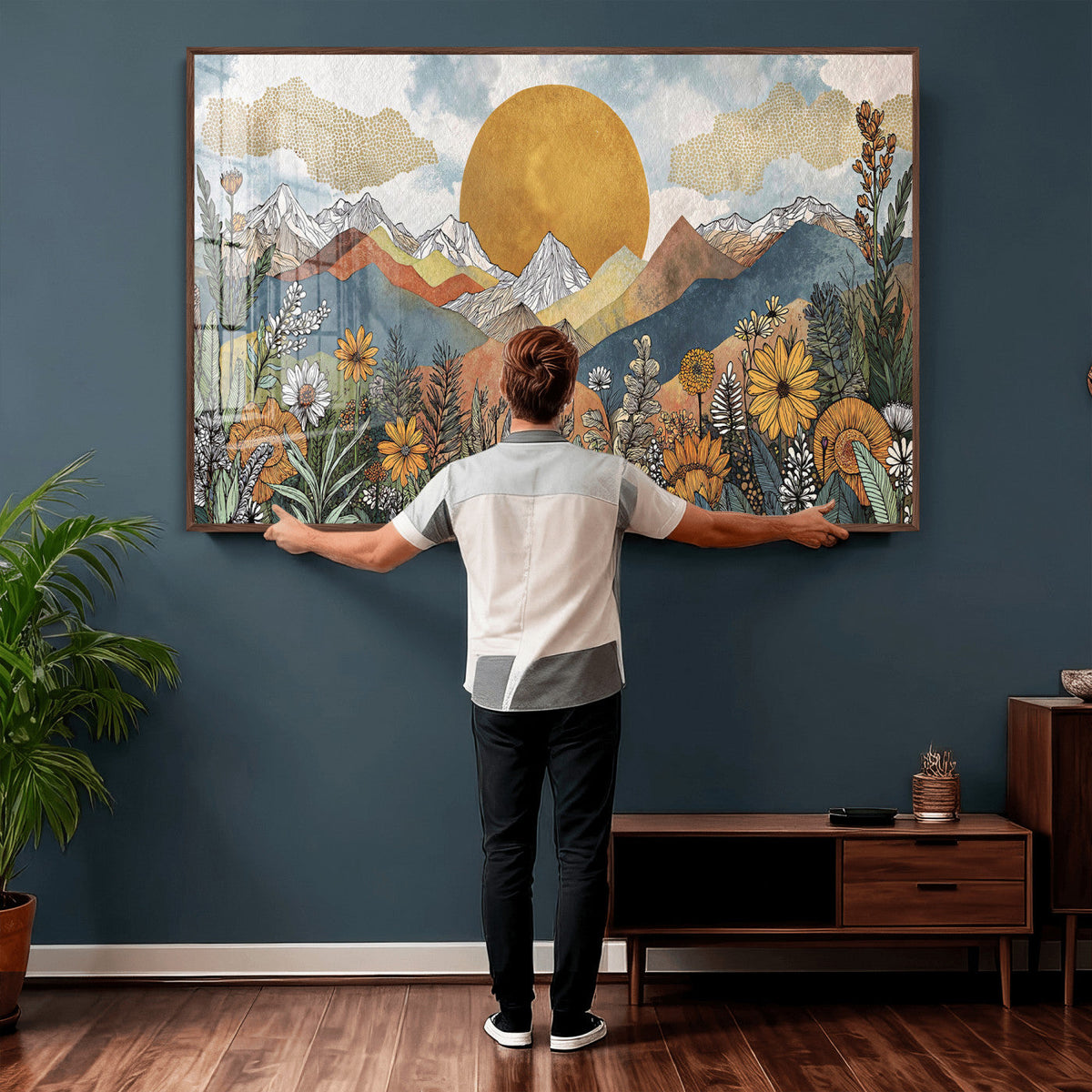 Boho Mountain Landscape Large Wall Art, Horizontal Gold
