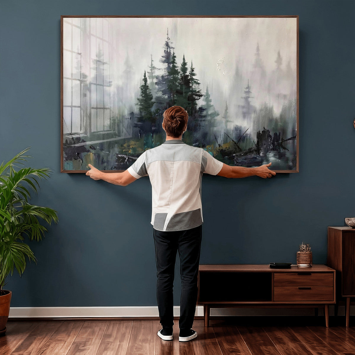 Misty Pine Forest Oil Painting Canvas — Dark Moody Teal Grey