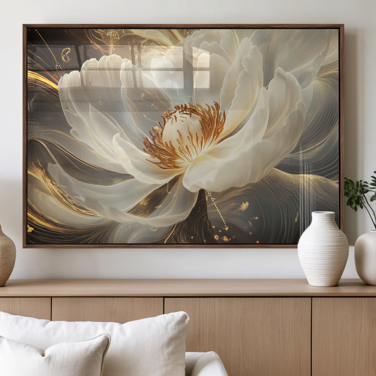 Gold Floral Wall Art Canvas Print, Framed Modern Flower Art