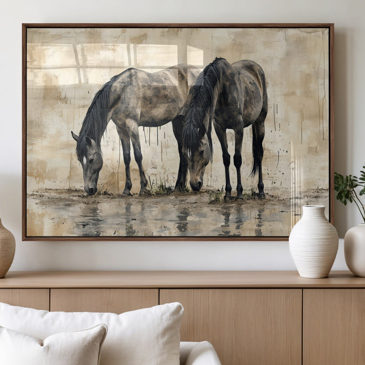 Chinese Style Abstract Black Horses Wall Art Canvas Print -