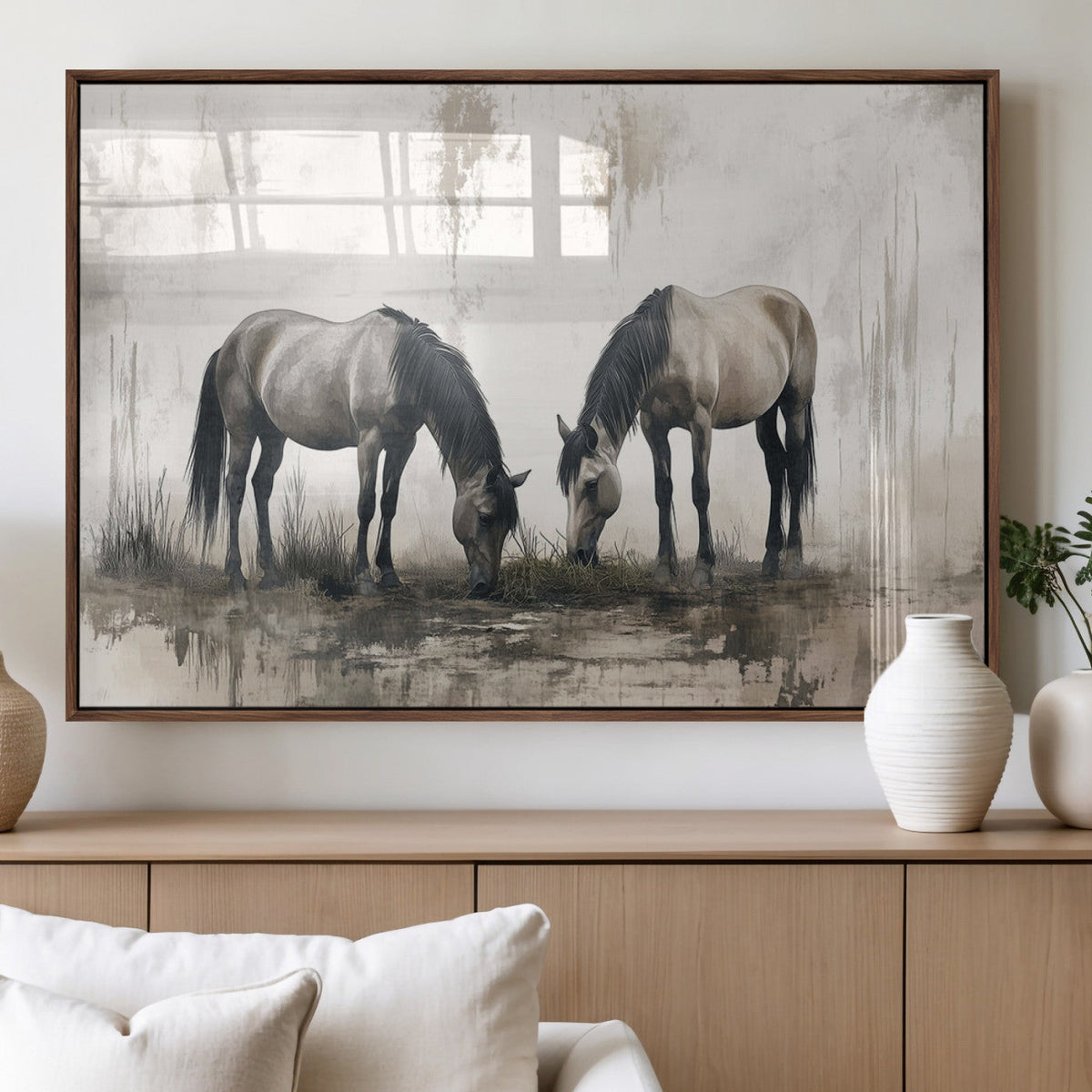 Chines Ink Style Vintage Horses Wall Art Canvas Print for