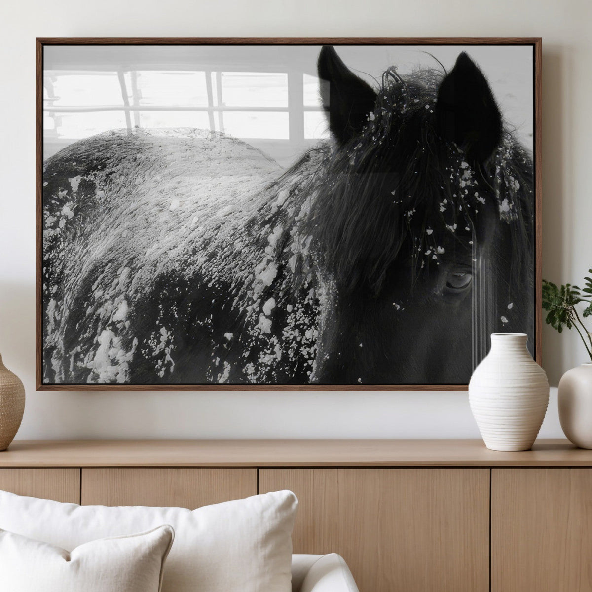 Black Horse in Snow Canvas Print | Winter Horse Wall Art |