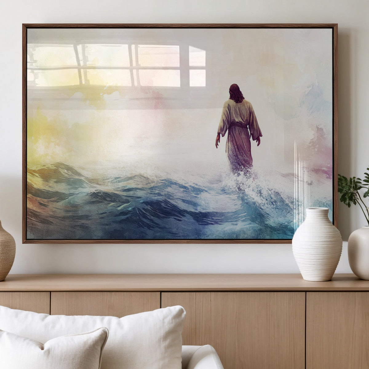 Watercolor Jesus Walking on Water Canvas Print, Christian