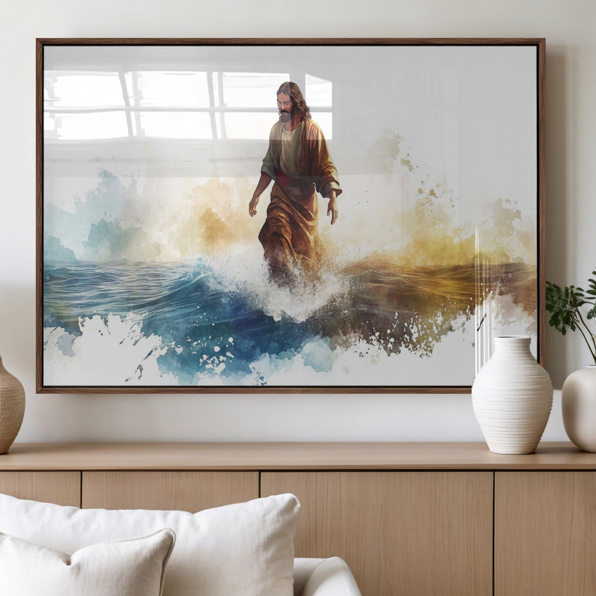 Watercolor Jesus Walking Wall Art Print, Jesus Water Canvas