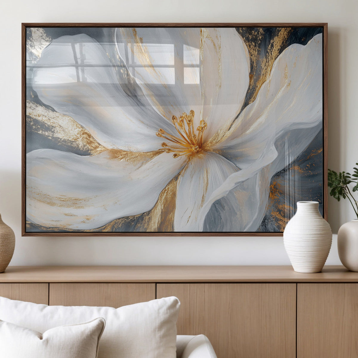 White and Gold Floral Canvas Wall Art - Framed and Ready to