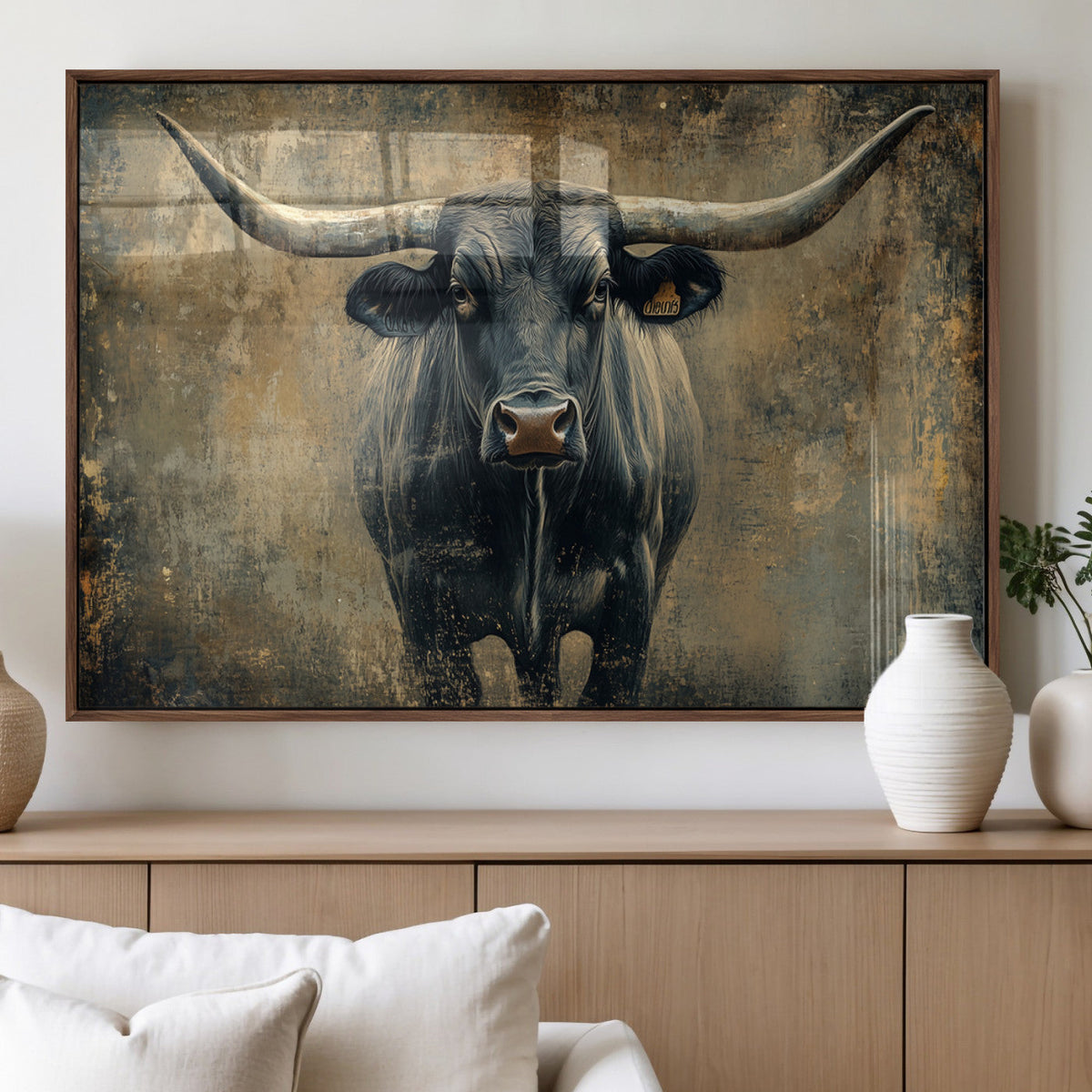 Texas Longhorn Bull Wall Art – Framed Rustic Cow Canvas