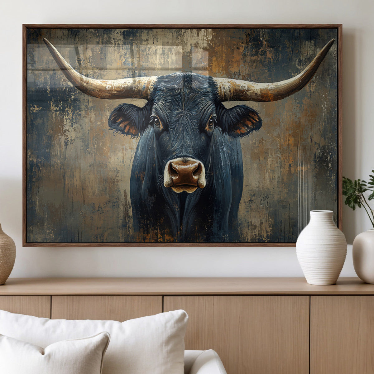 Texas Western Wall Art Canvas Print - Abstract Cow Longhorn