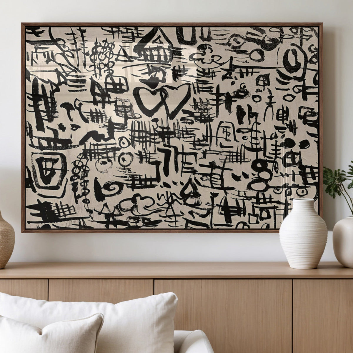 Abstract Love and Chaos Canvas Print, Black Symbols on Beige