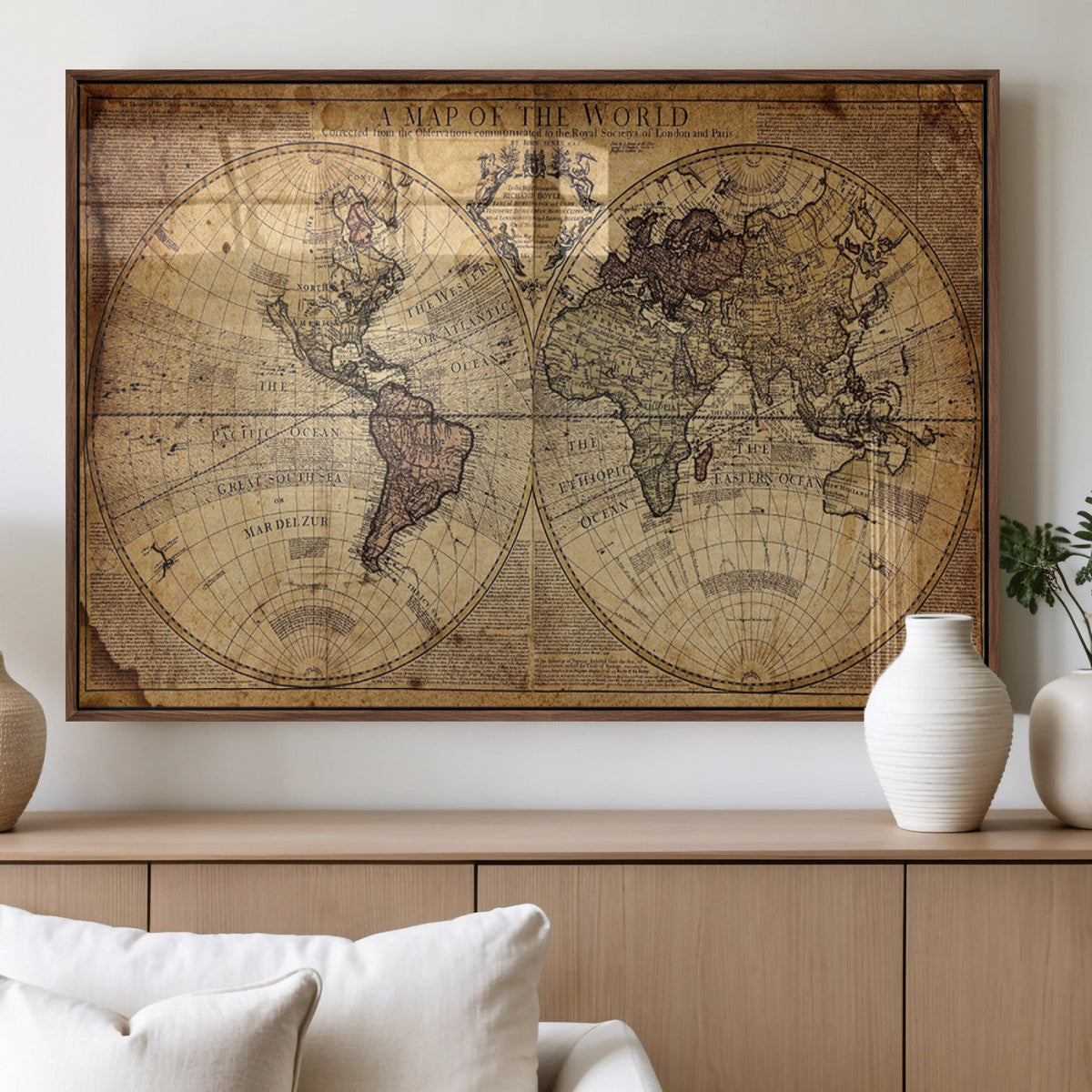 Vintage World Map Wall Art Canvas – Antique Style Push Pin