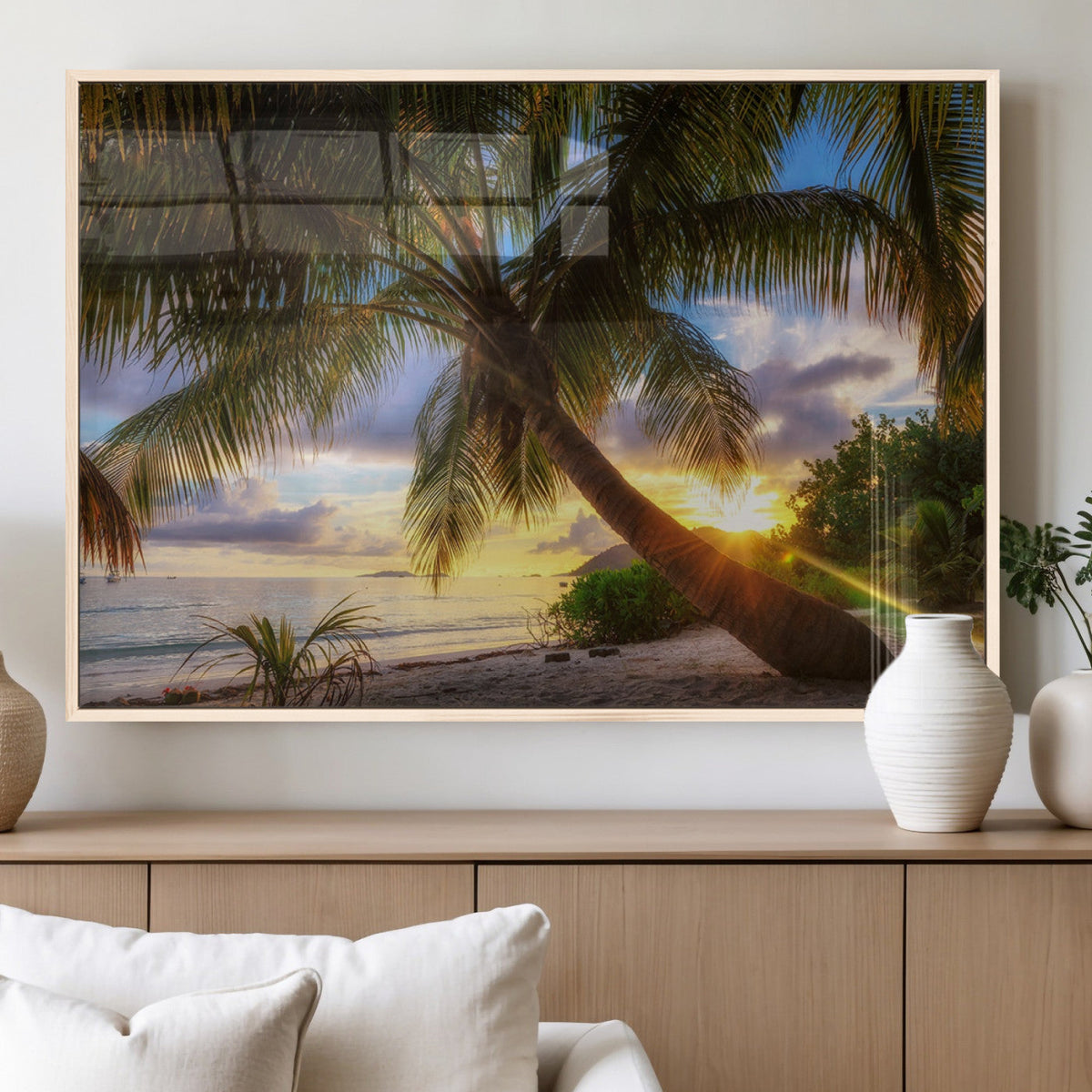 Tropical Island Sunset on the Beach Palms Wall Art Canvas