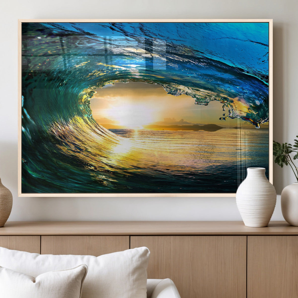 Ocean Wave at Sunset Canvas Art, Large Wall Print of Vibrant