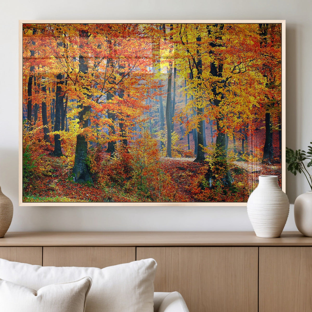 Autumn Red Forest Triptych Canvas Wall Art Print, Forest