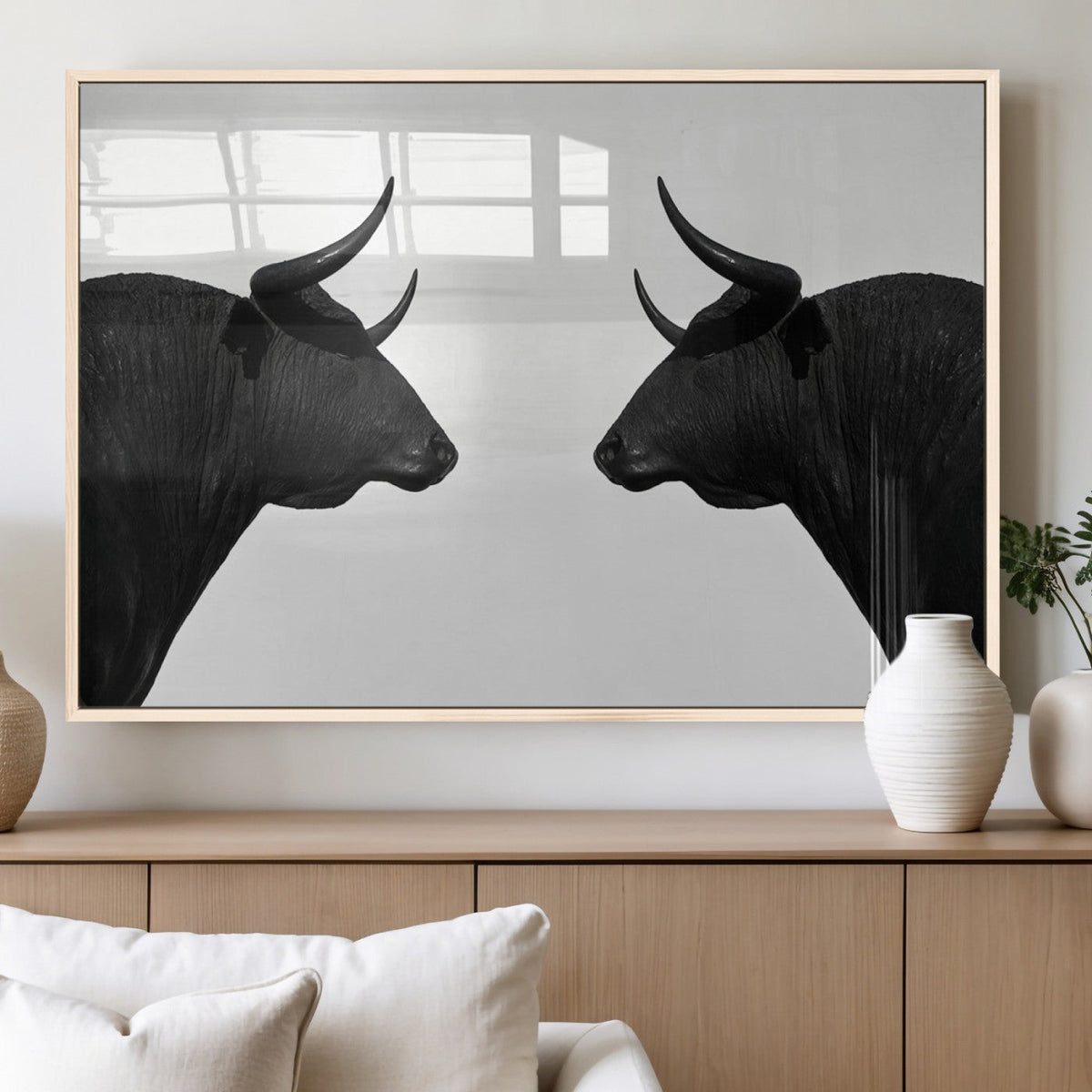 Spanish Bull Art - Framed Black and White Bull Canvas Print