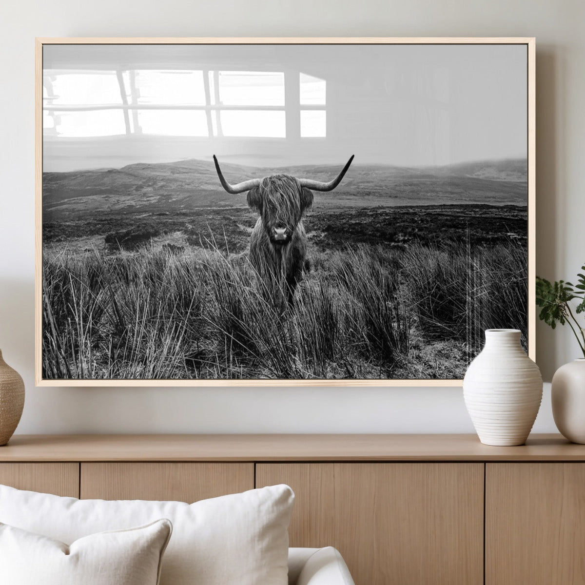 Black and White Highland Cow Canvas Wall Art, Longhorn