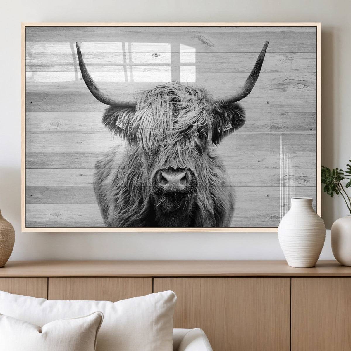 Scottish Highland Cow Cattle Art Print on Wood Background