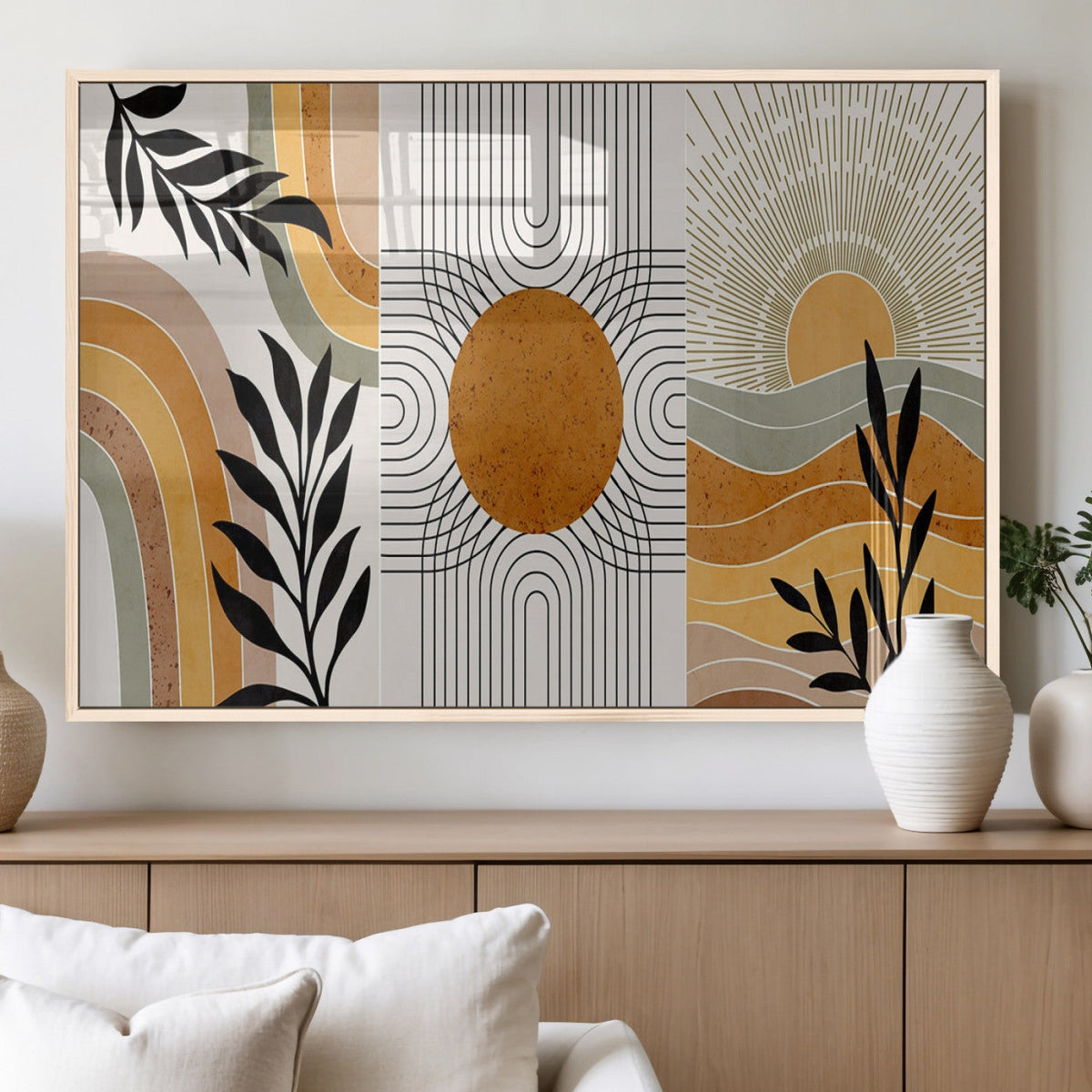 Modern Boho Sun and Leaf Abstract Art – 3-Panel Giclée