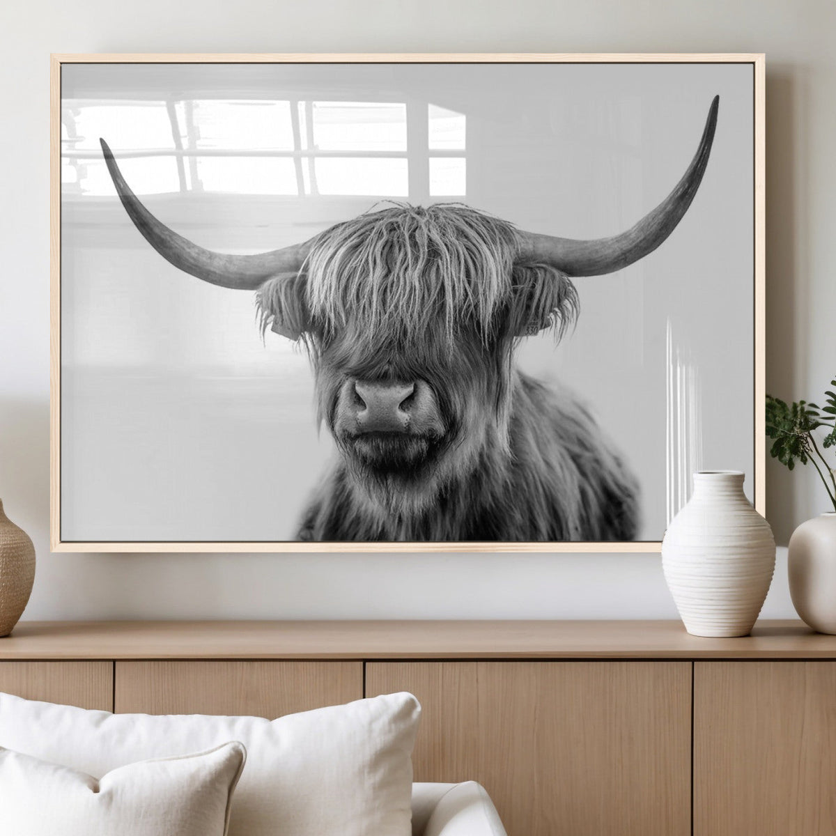 Grayscale Scottish Highland Cow Cattle Art Print Farmhouse