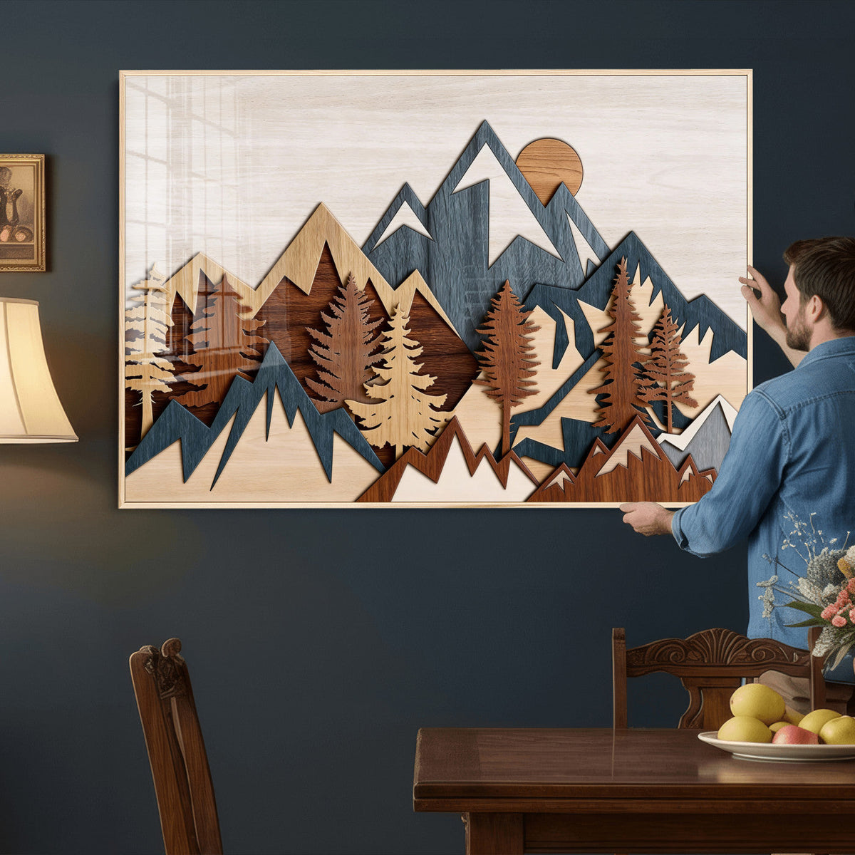 Rustic Abstract Wood Panel Effect Canvas Mountain Range Top