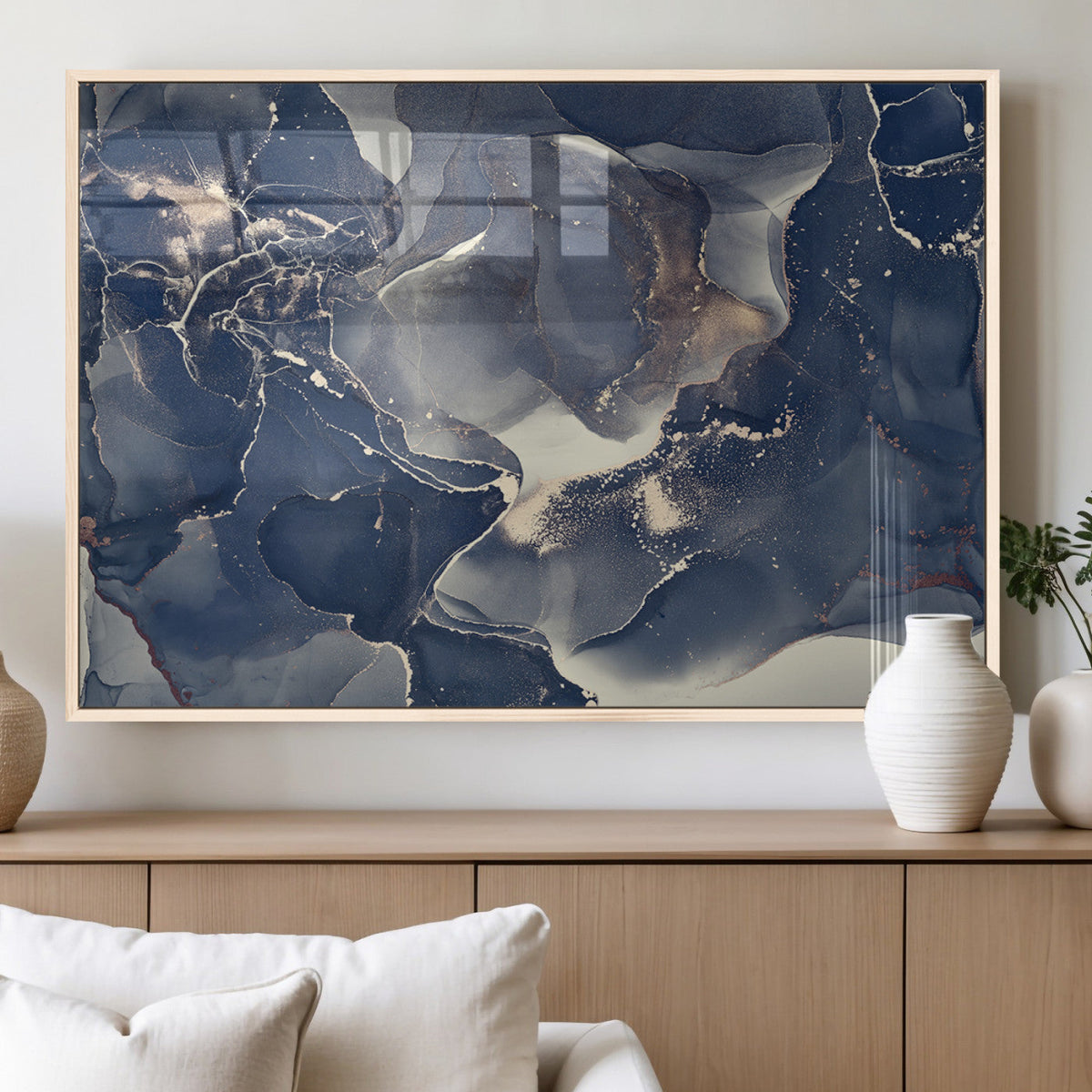 Large Abstract Blue and Gold Canvas Wall Art Fluid Ink