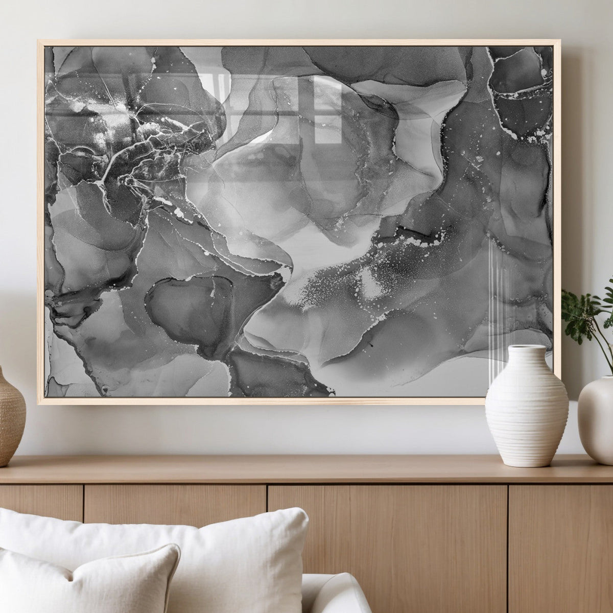 Black White Abstract Canvas Wall Art - Fluid Ink Artwork -