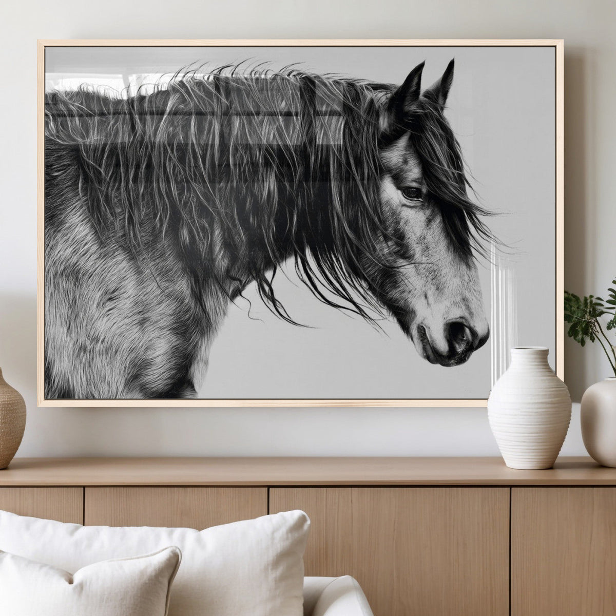 Majestic Horse Wall Art – Framed Black White Portrait Canvas
