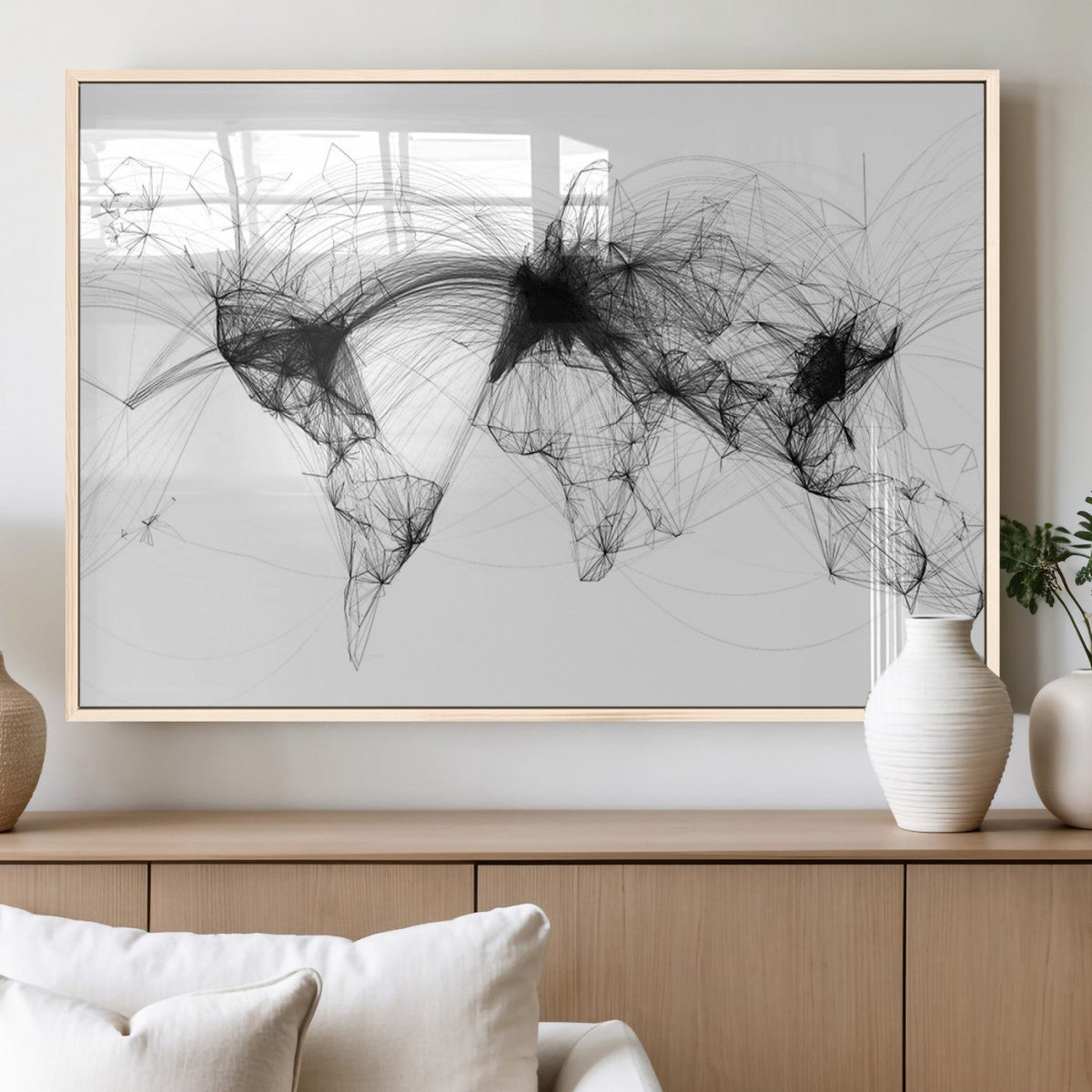 Abstract World Map Wall Art – Framed Geometric Line Canvas