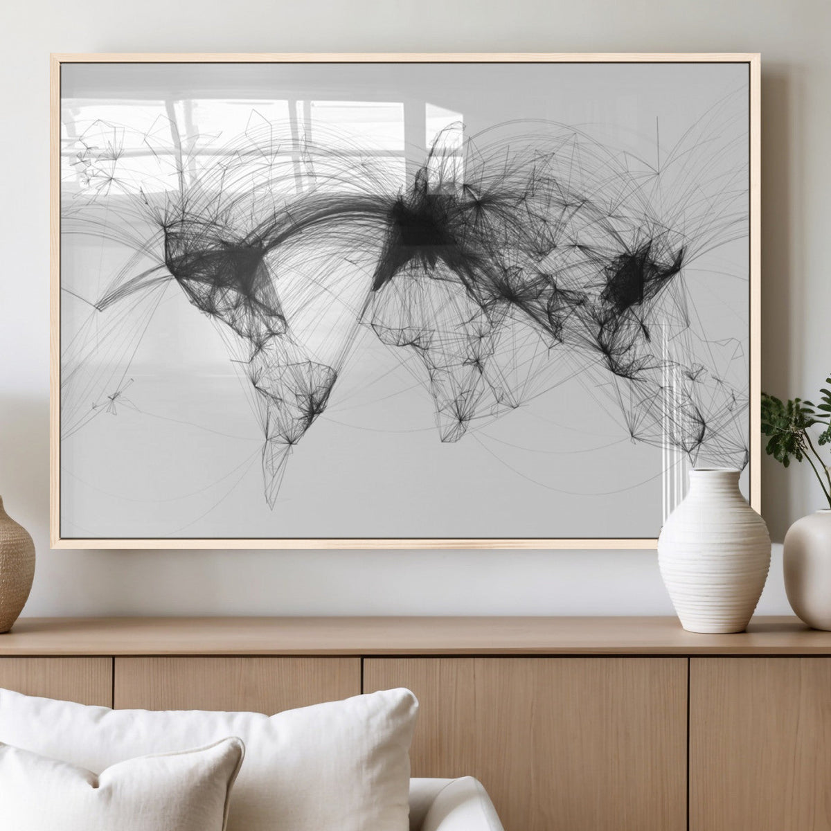 Flight Routes Air Traffic Map Canvas Wall Art - Framed -