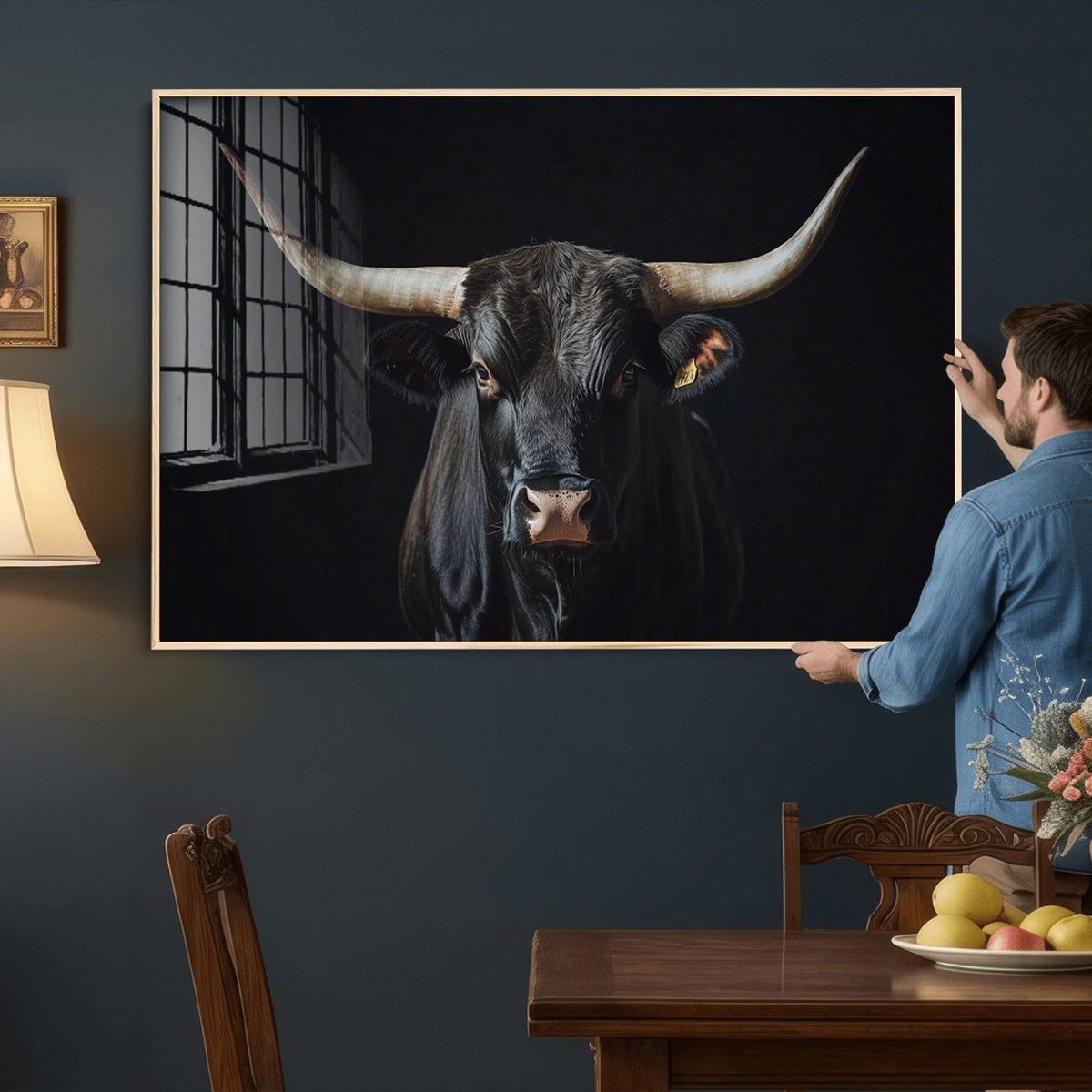 Majestic Longhorn Bull Wall Art Canvas Print – Dark
