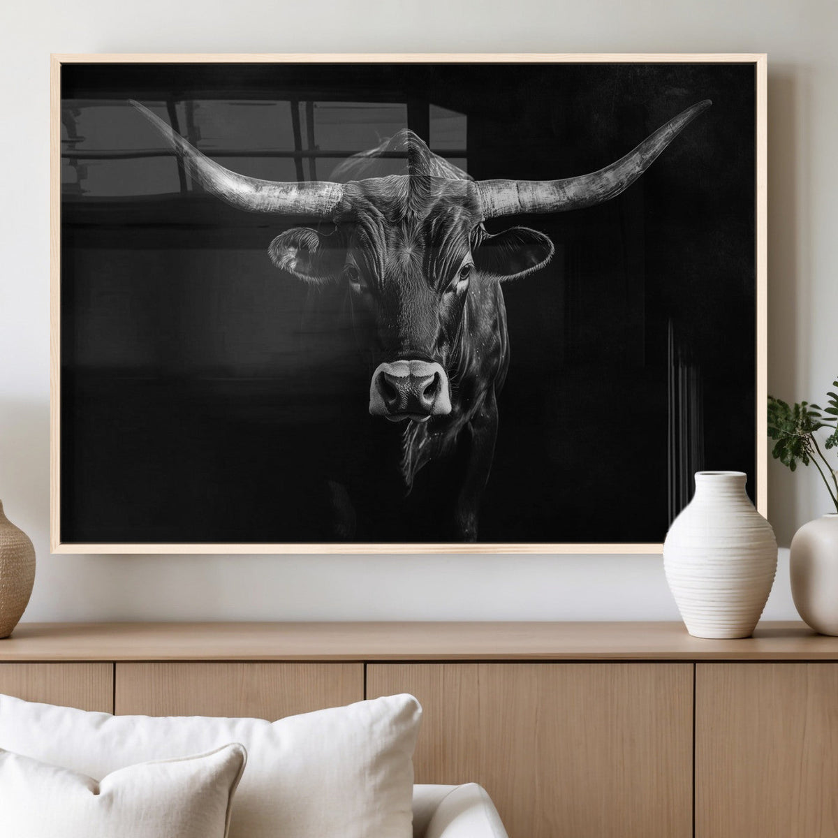 Texas Longhorn Wall Art Canvas Print – Framed Monochrome