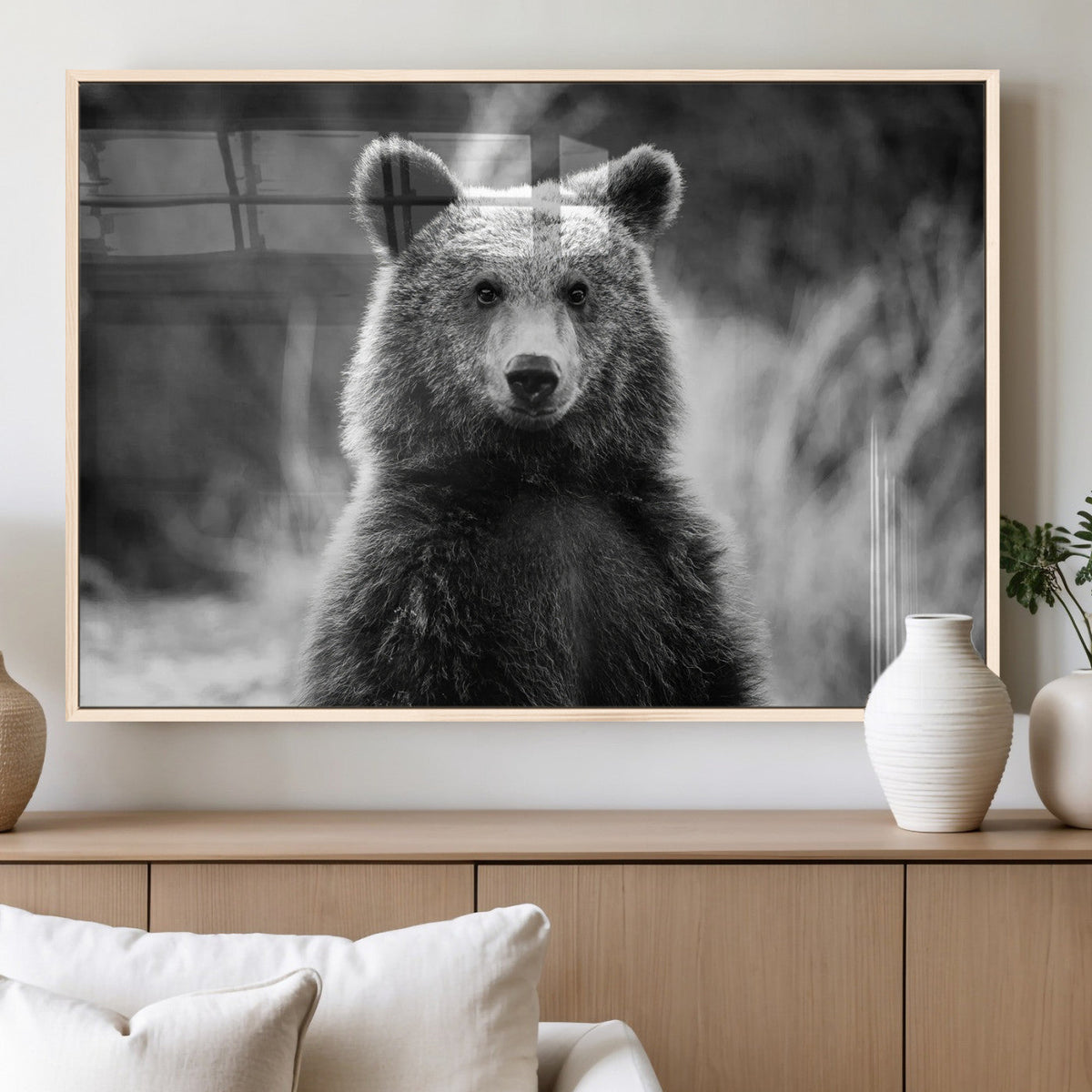 Grizzly Bear Wall Art Canvas Print – Framed Black White
