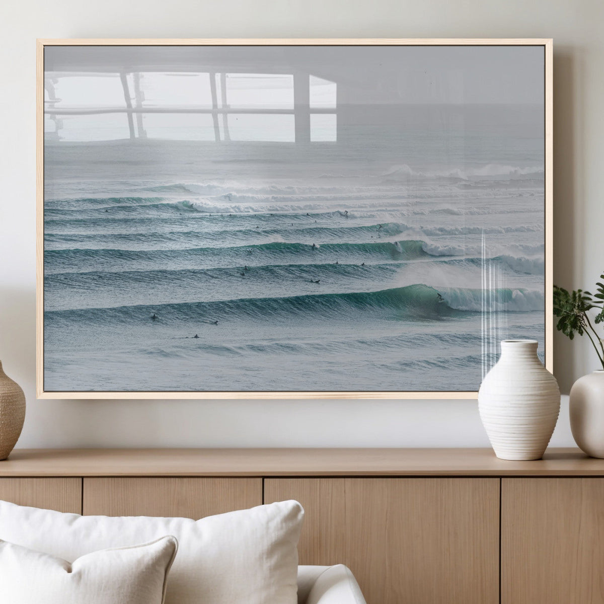 Ocean Waves Wall Art Canvas Print – Framed Surfer Lineup