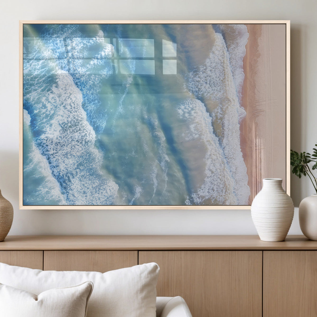 Aerial Ocean View Wall Art Canvas Print – Framed Soft Blue