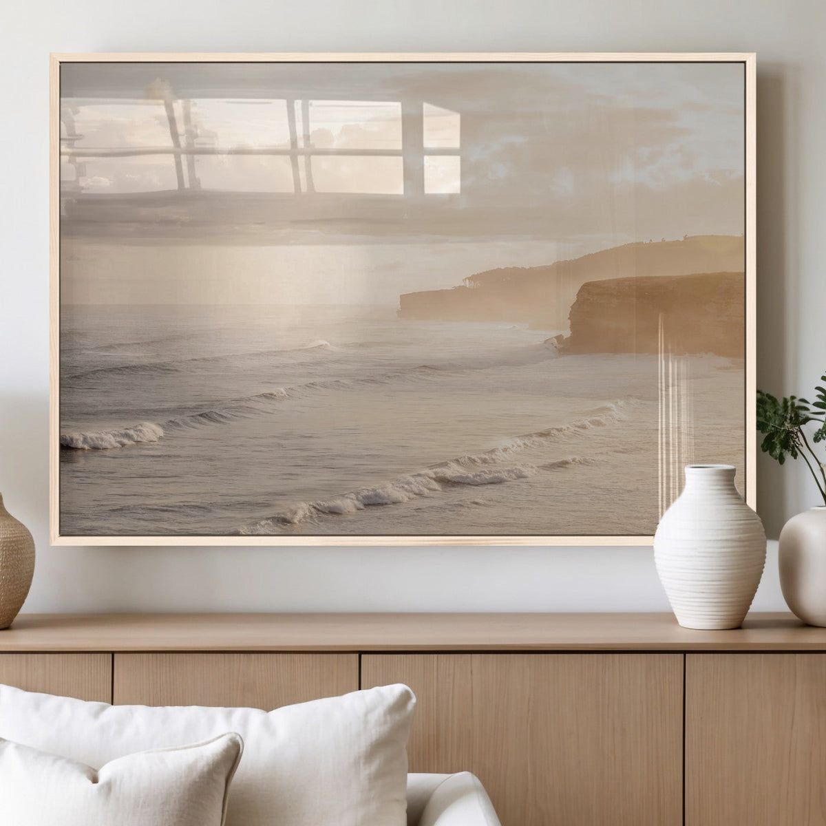 Misty Coastal Wall Art Canvas Print – Framed Golden Sunset