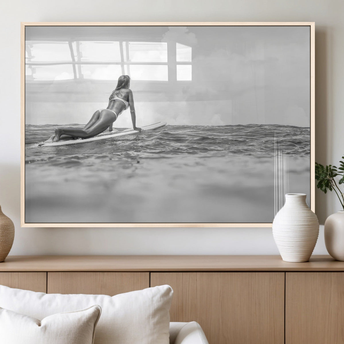 Black and White Surfing Wall Art Canvas Print – Framed Ocean