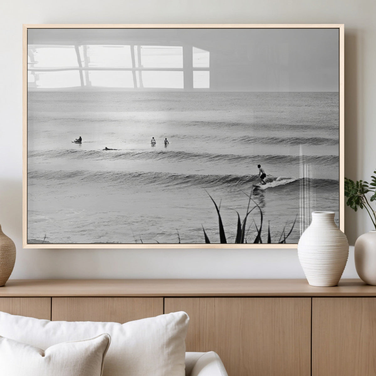 Surfer Silhouette Wall Art – Framed Calm Ocean Canvas