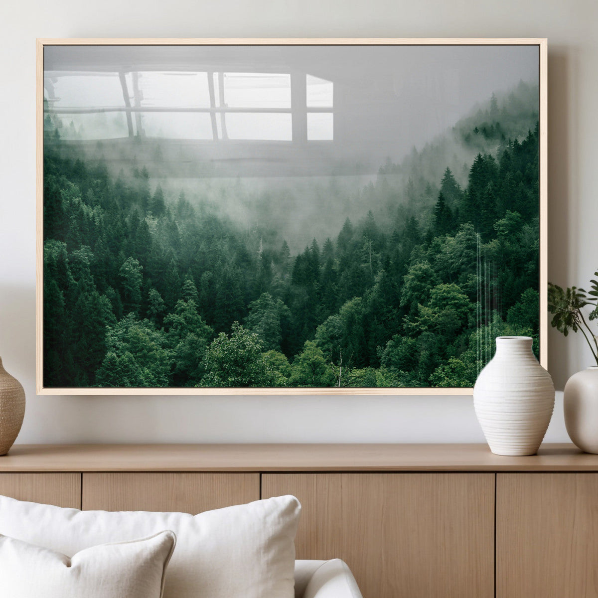 Misty Green Forest Canvas Print – Framed Serene Foggy Pine