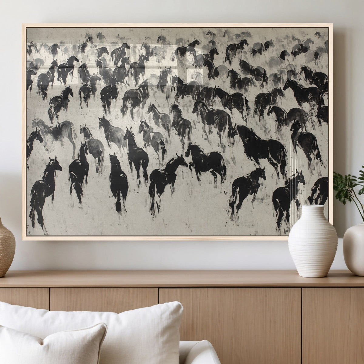 Wild Horse Stampede Wall Art Canvas Print – Monochrome