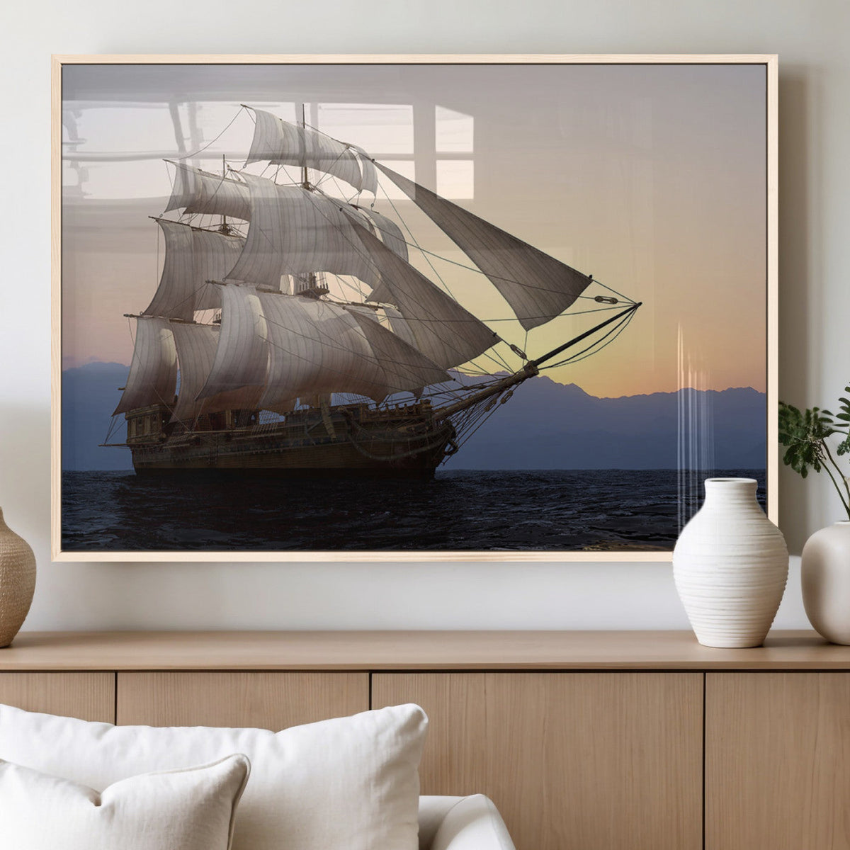 Majestic Sailing Ship Wall Art Canvas Print, Sunset Ocean