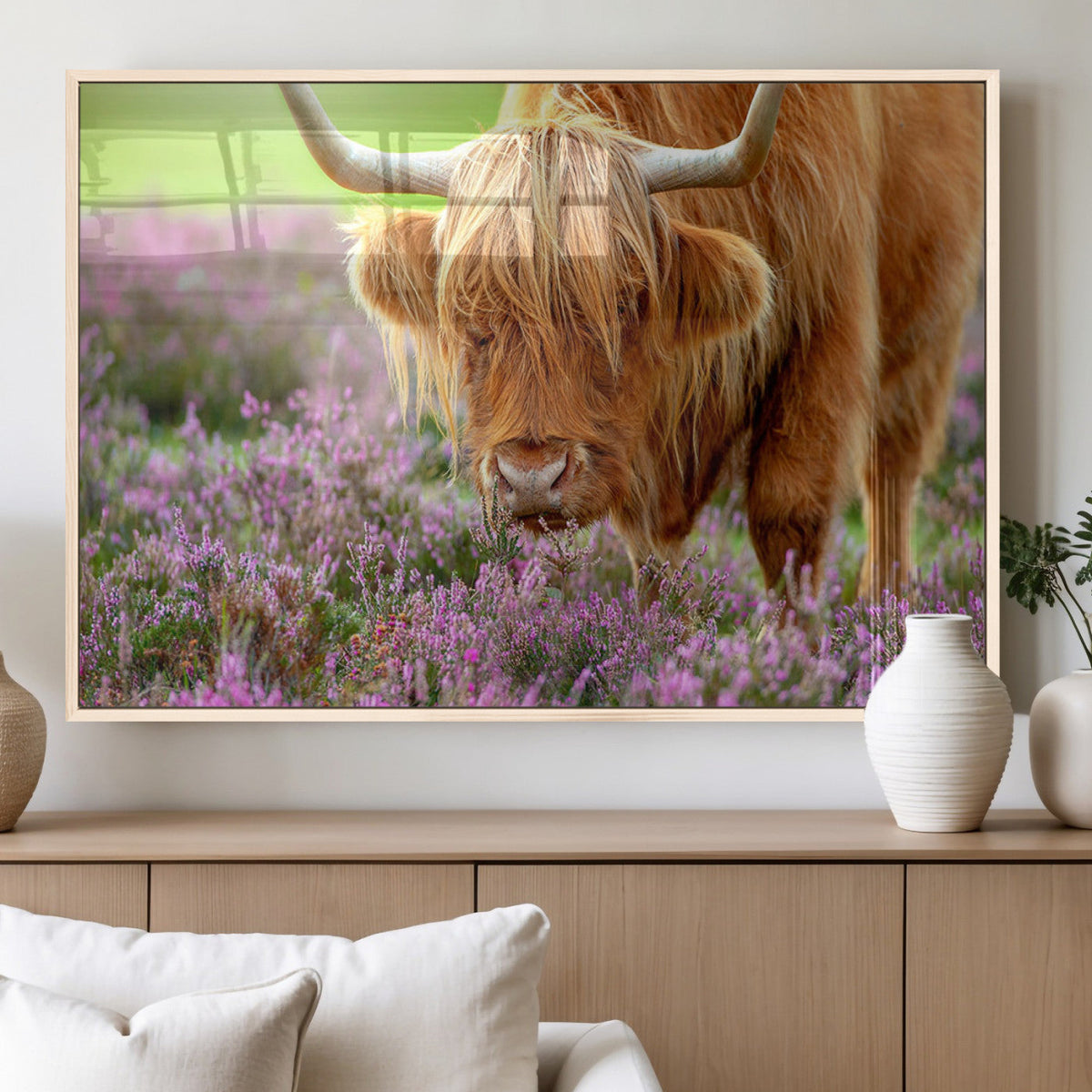 Highland Cow Wall Art – Purple Flowers Pasture Scenic