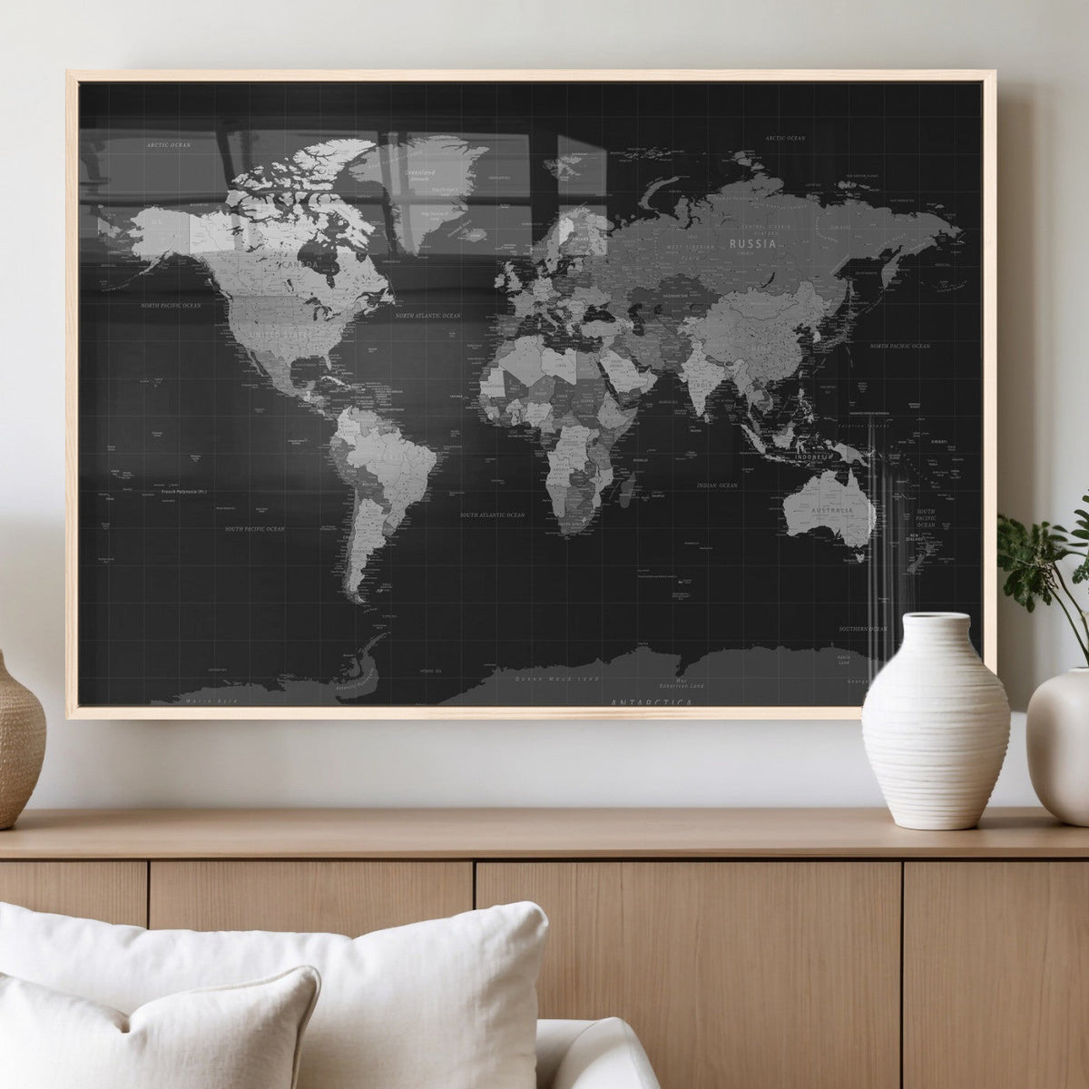 Black World Map Wall Art Canvas Print – Detailed Map of the