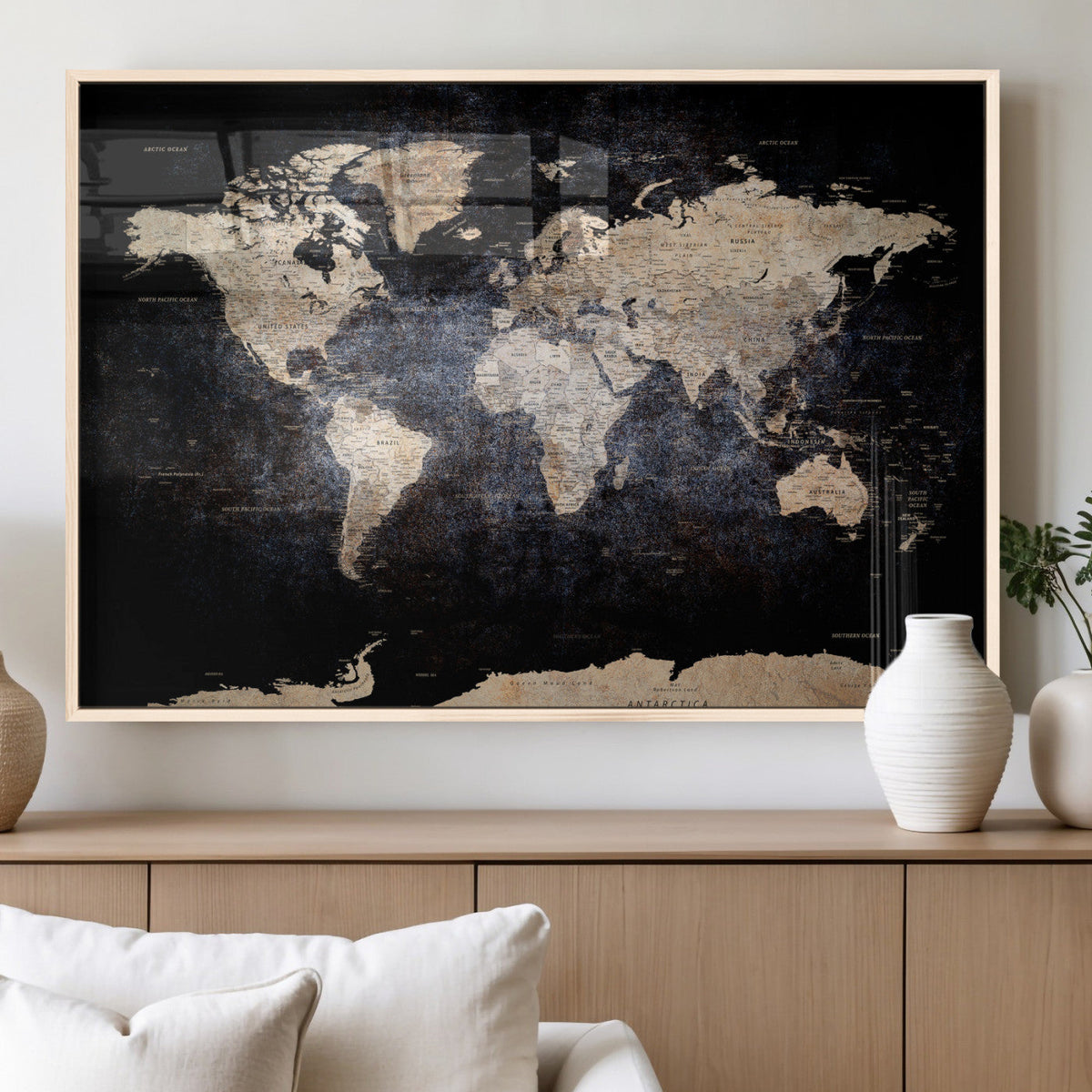 Grunge World Map Wall Art | 3-Panel Large Beige and Brown