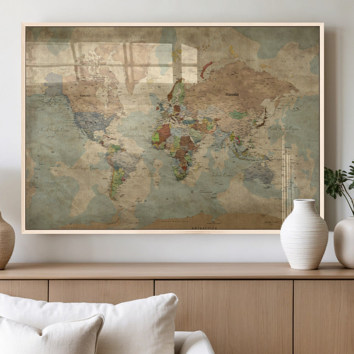 World Map Wall Art Canvas Print, Rustic Map Print, Framed