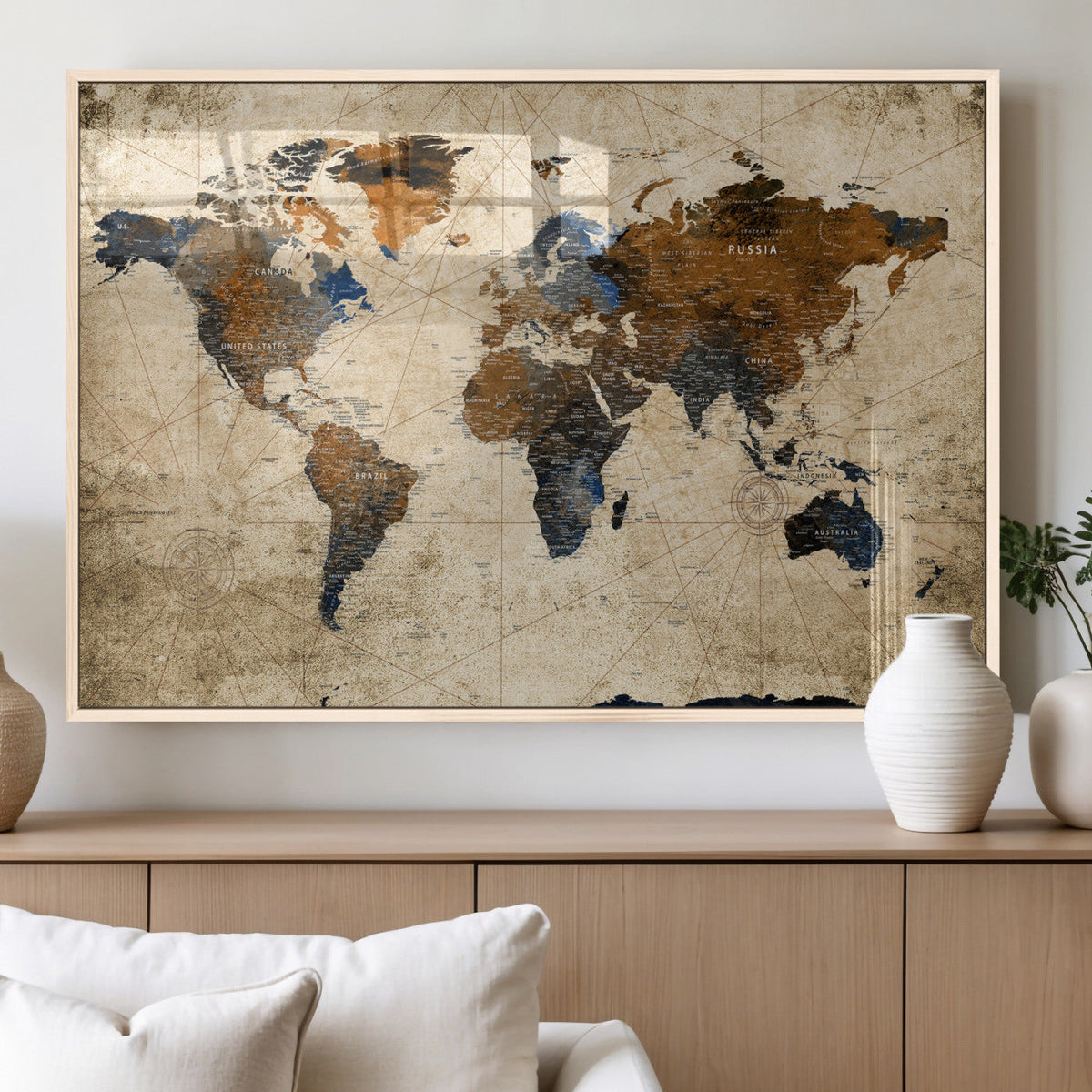 World Map Wall Art – Rustic Earth Tone Canvas Print, Antique