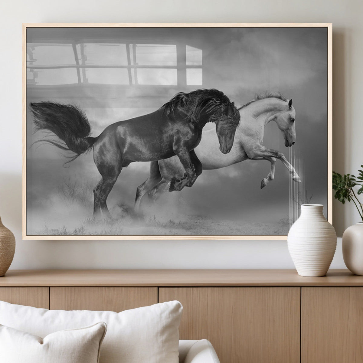 Wild Horses Wall Art Canvas Print – Framed Black and White