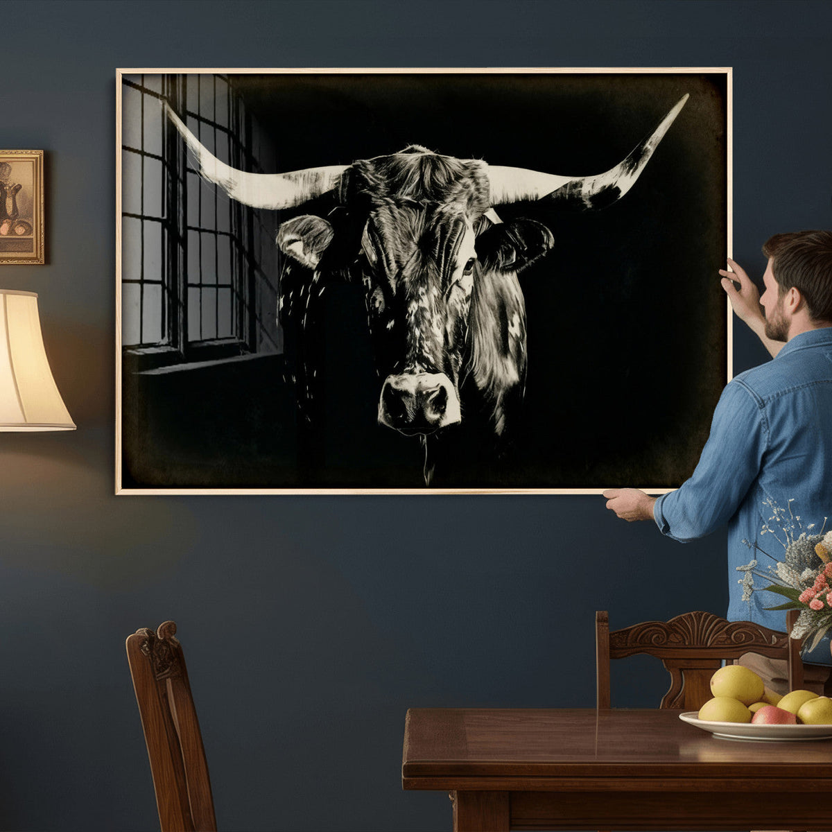 Black Bull Wall Art Canvas Print, Texas Longhorn Portrait