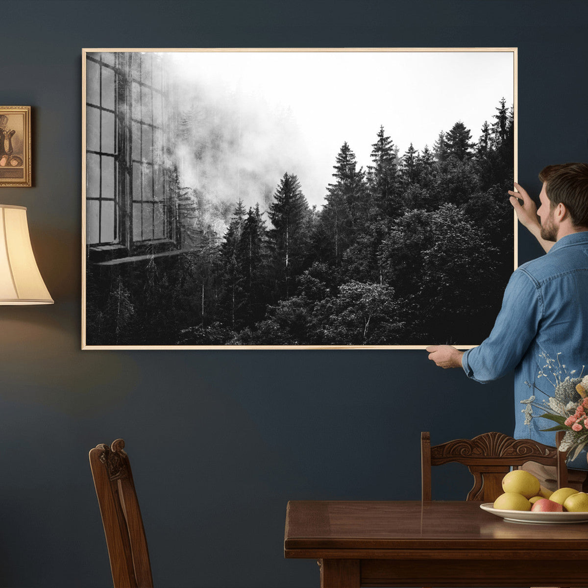 Black White Forest Wall Art Canvas Print, Misty Pine Tree